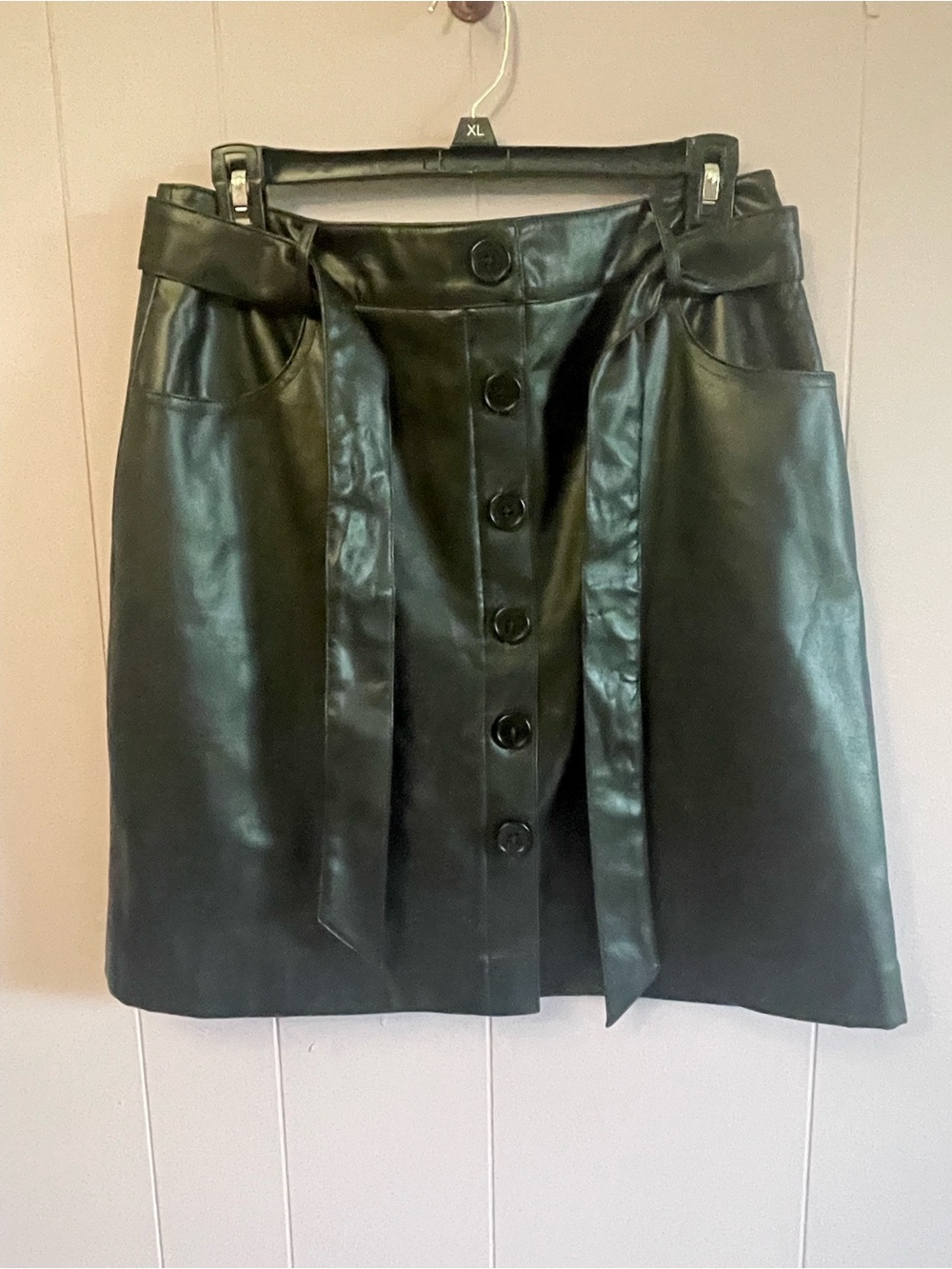 Calvin Klein Black Faux Leather Button-Front Mini Skirt with Tie Waist.Classic